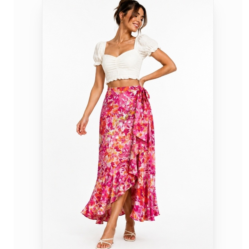 She + Sky Wrap Skirt XL Pink Orange Tropical Floral Ruffle Midi Garden Party